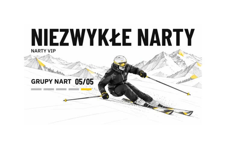 Ilustracyjna miniatura filmu o nartach VIP – narciarz w skręcie i napis „NIEZWYKŁE NARTY”
