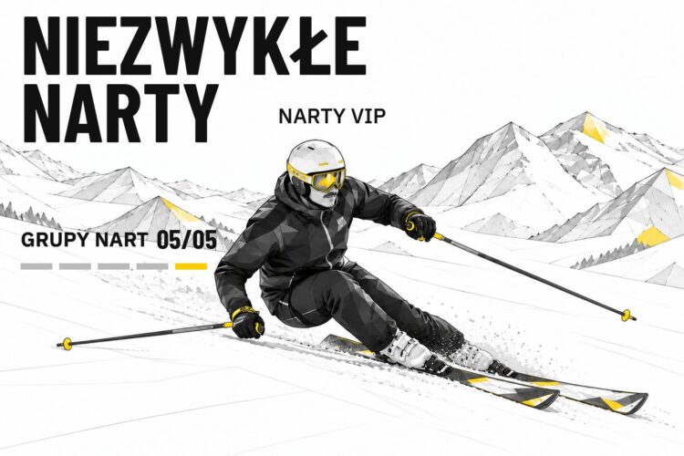 Ilustracyjna miniatura filmu o nartach VIP – narciarz w skręcie i napis „NIEZWYKŁE NARTY”
