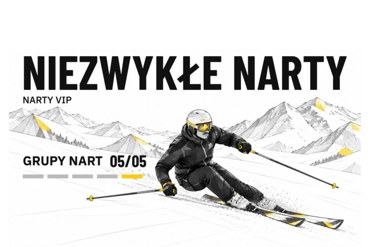 Ilustracyjna miniatura filmu o nartach VIP – narciarz w skręcie i napis „NIEZWYKŁE NARTY”