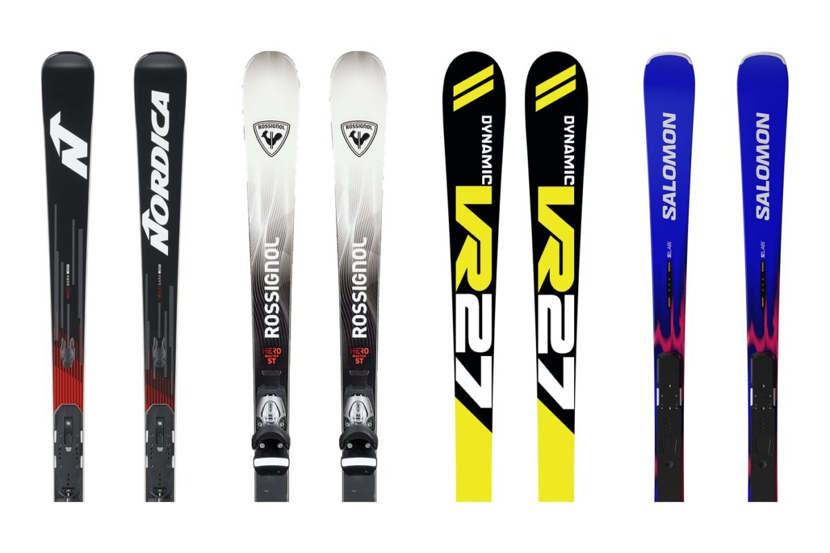 Nordica, Rossignol, Dynamic i Salomon – cztery pary nart sportowych z widocznymi dziobami