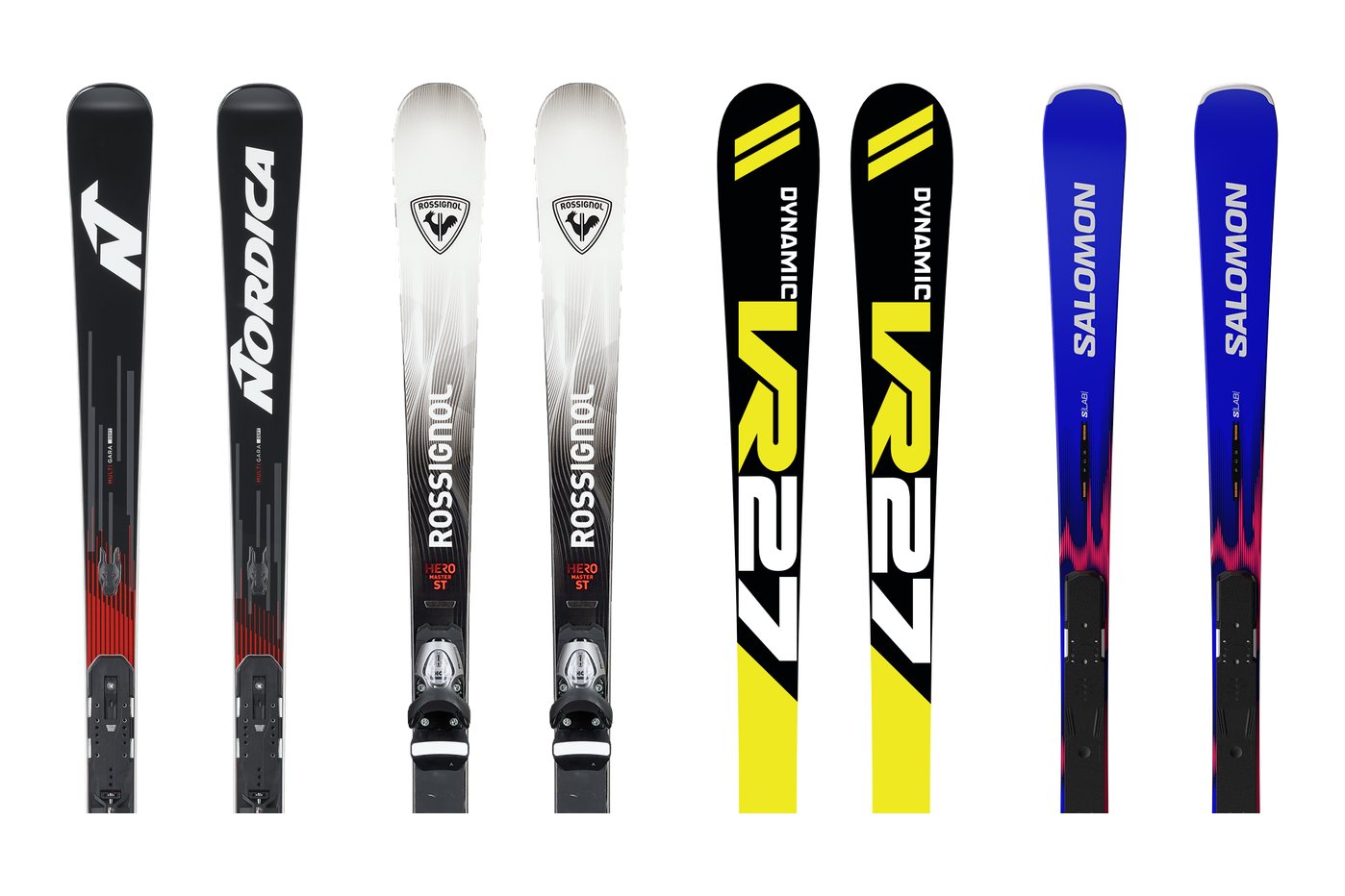 Nordica, Rossignol, Dynamic i Salomon – cztery pary nart sportowych z widocznymi dziobami